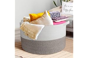 BROVIEW L5 Large Blanket Basket, 21.7x 21.7x 13.8'' Cotton Rope Woven Basket with Handles, 83L Laundry Baskets Toy Basket Storage Basket for Living Room Bedroom Organizing Basket, White & Brown
