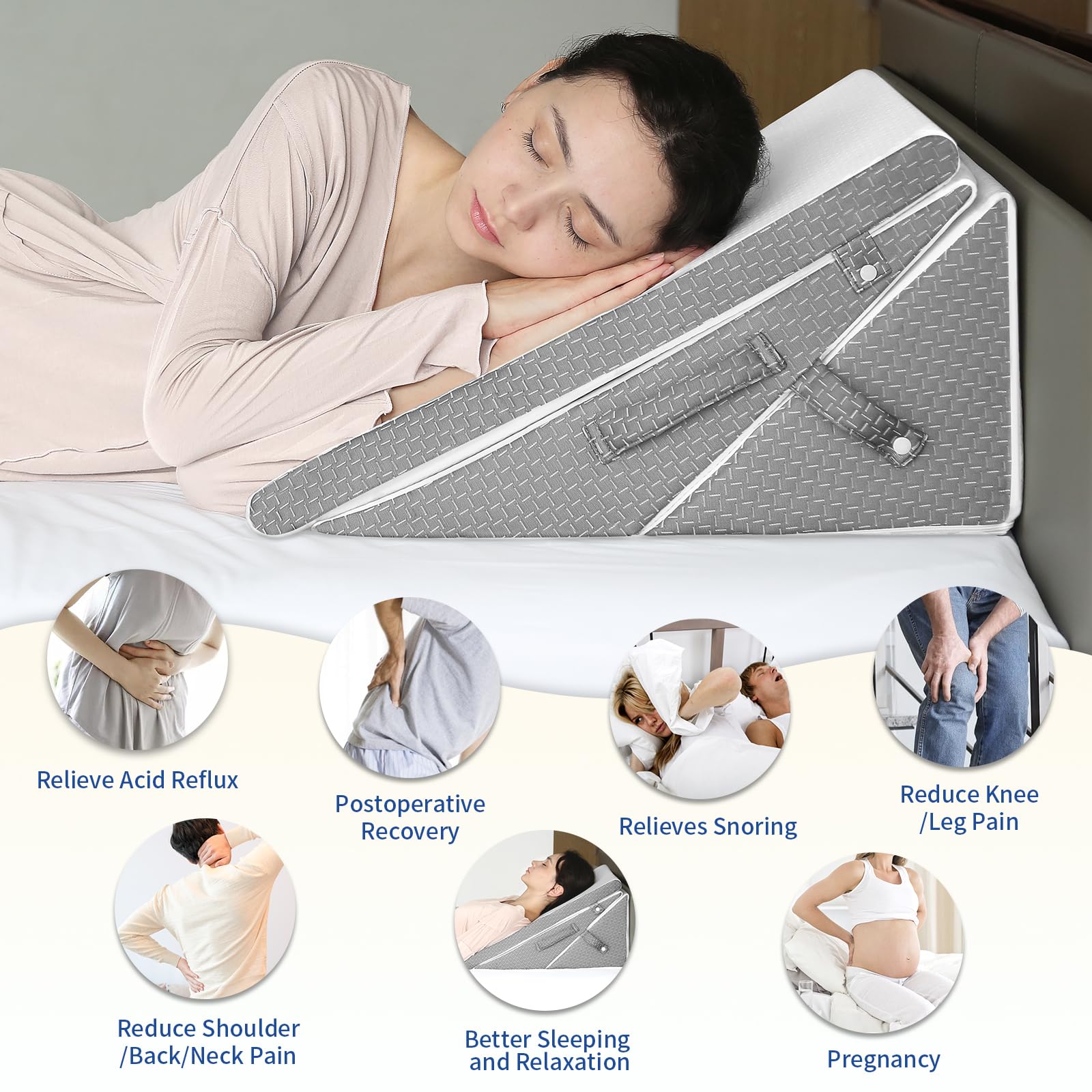 KingPavonini Bed Wedge Pillow for Sleeping, 7.5 & 9 & 11 & 12 Inch Adjustable Memory Foam Triangle Wedge Pillow Post Surgery for Back, Legs and Knee Support, Acid Reflux, Gerd, Heartburn and Snoring