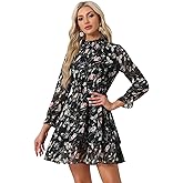 Allegra K Women's Floral Dress Chiffon Long Sleeve Mock Neck Ruffle Layered Smocked Mini Dresses