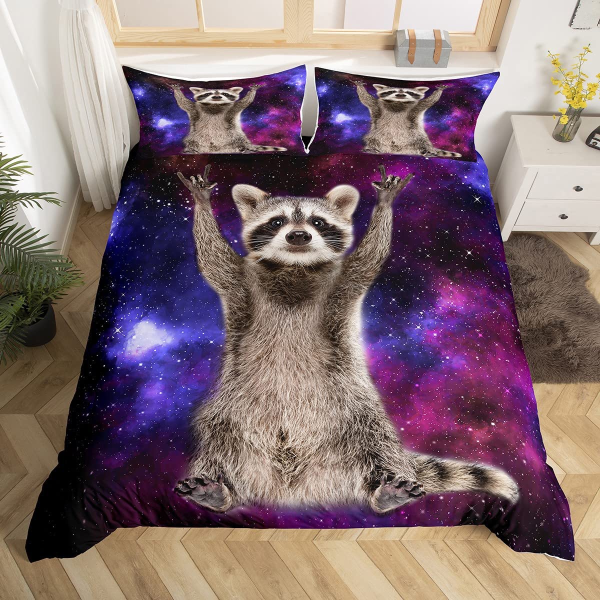 Homewish Raccoon Duvet Cover Galaxy Bedding Set King Size,Boys Starry Sky Comforter Cover Set for Child Teens Youth Man,Ferret Quilt Cover Wild Animal Bedroom Decor Blue Purple