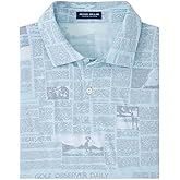 PETER MILLAR Men's Blue Frost Ace Newspaper Print Cotton-Blend Pique Polo Size Medium