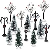 14 Pcs Christmas Accessories Village Figurine Miniature Pine Trees Snow Artificial Christmas Trees Bare Branch Tree Street Lamps for Xmas DIY Crafts Winter Room Landscape(Fresh Style)