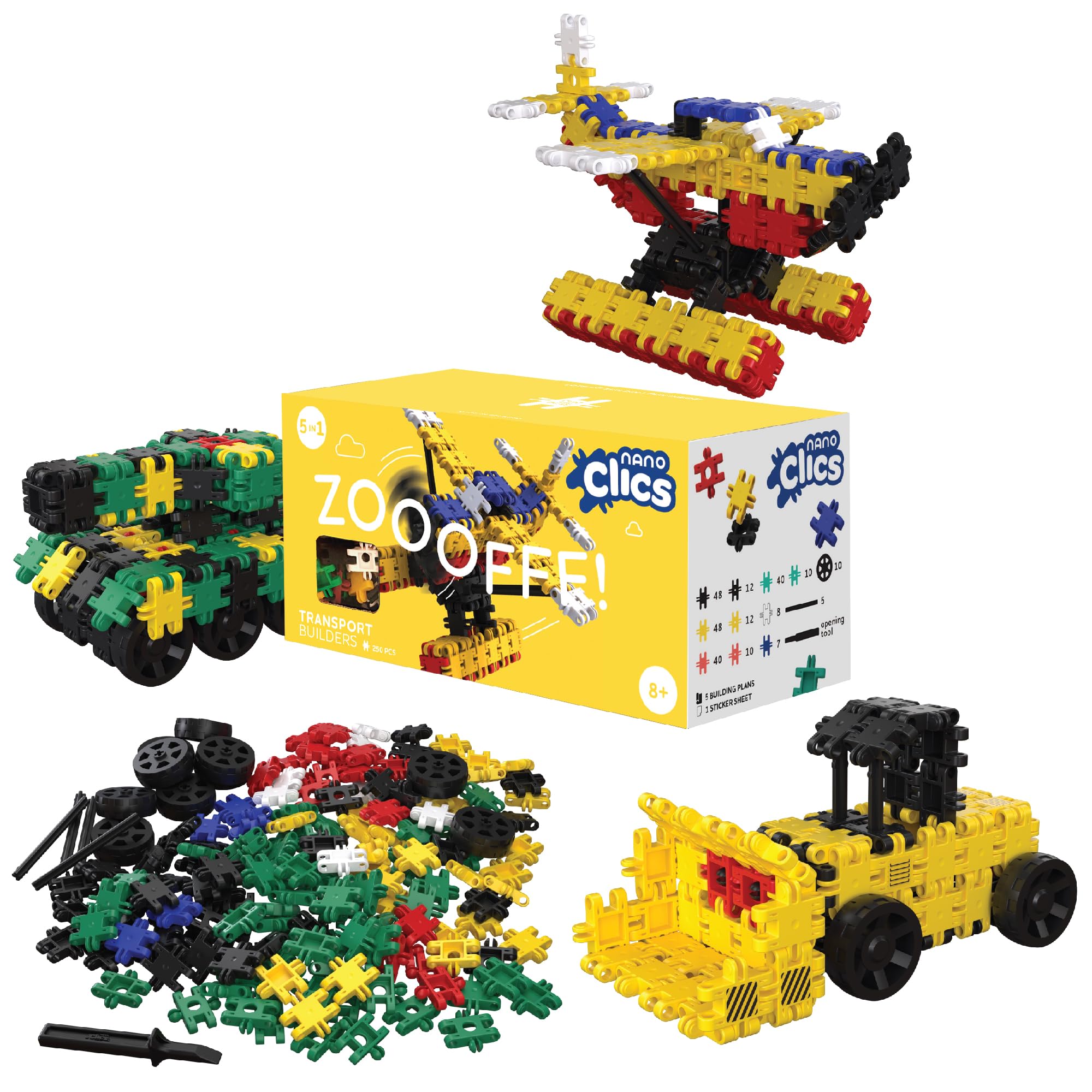 Nano Clics Transport 250, 250-Piece Construction Set for Ages 8 and Up, Building Blocks for Girls and Boys, Durable Educational Toys, Red, Yellow, Green, Blue, Black