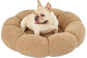 LE SURE Lesure Calming Medium Dog Bed - Flower Donut Round Fluffy Puppy Bed in Plush Teddy Sherpa, Non-Slip Cute Flower Cat Beds for Indoor Cats, Medium Pet Bed Fits up to 45 lbs, Machine Washable, Camel 30"