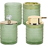 FEILANDUO Bathroom Accessories Set,4Pcs Glass Bathroom Accessories,Vanity Bathroom Decor, Soap Dispenser, Toothbrush Holder Set, Apothecary Jar, Gift for Home Apartment (Green A)