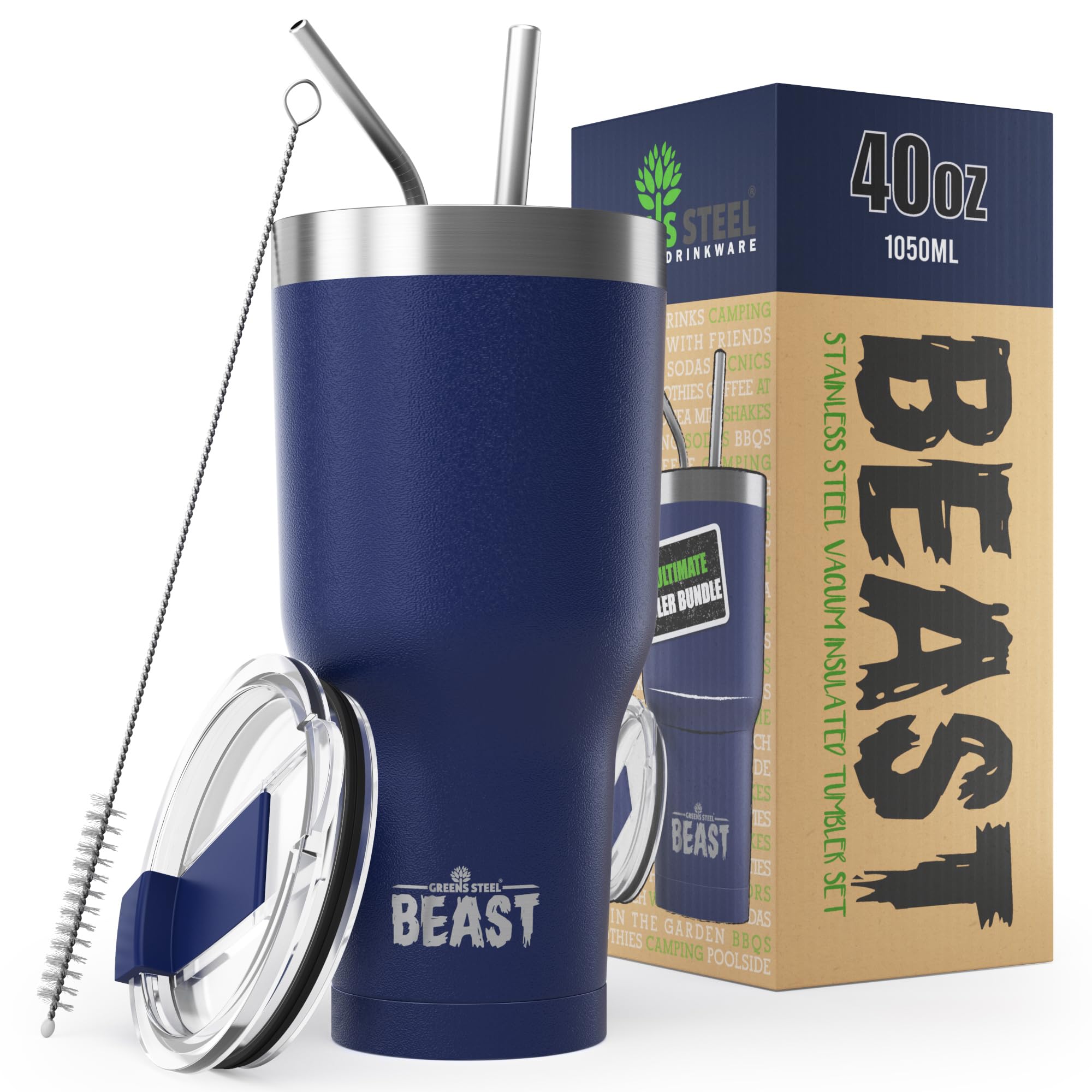 Beast Tumbler - 1050 ml (40 oz), Royal Blue | Reusable Stainless Steel, Vacuum Insulated Cup | with + 2 Straws & Cleaning Brush | Double Wall Travel Flask Perfect for Hot or Iced Coffee | BPA Free