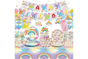 Obussgar Rainbow Birthday Party Decorations - Rainbow Party Supplies including Banner, Plate, Cake Topper, Cup, Napkin, Ballo