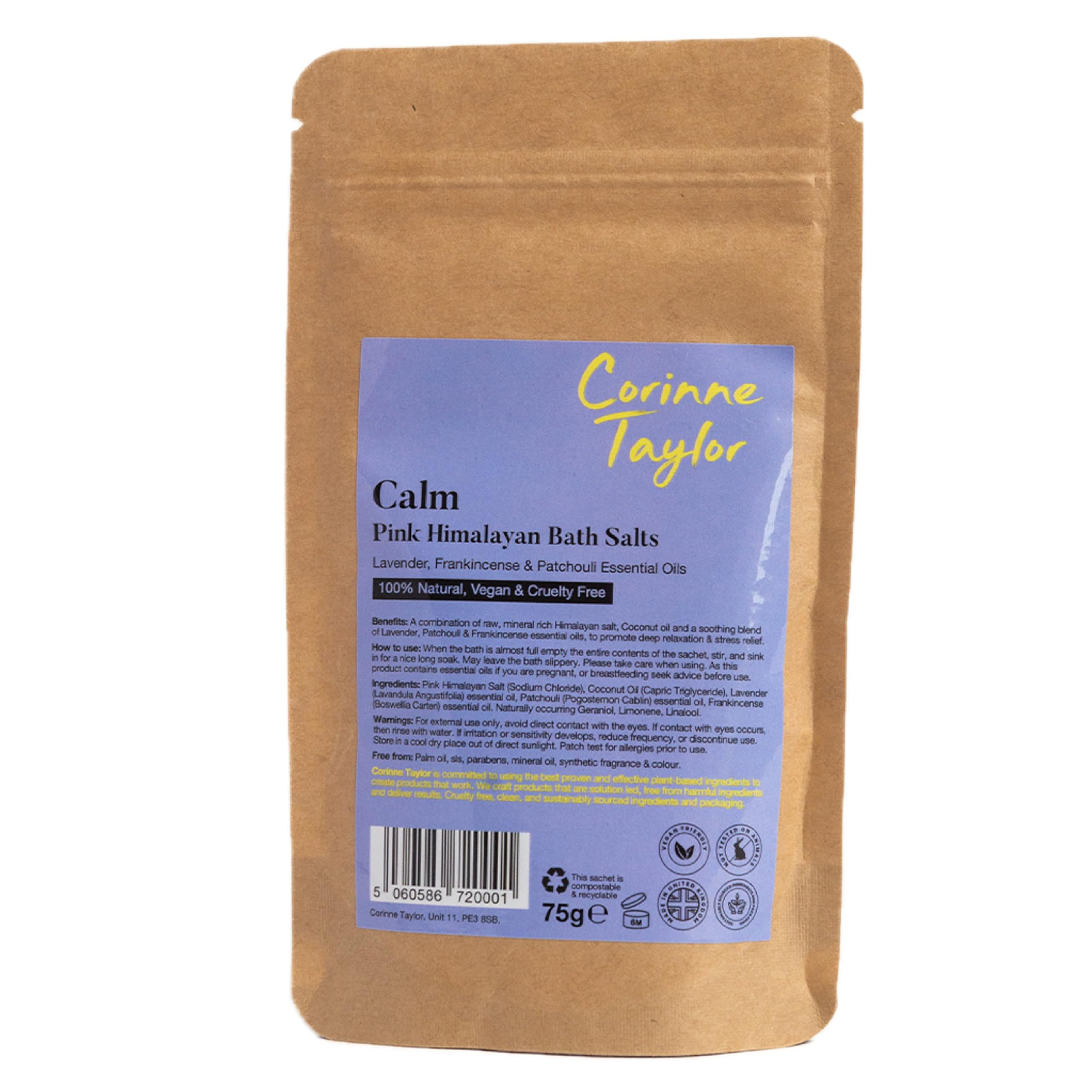 Corinne Taylor | Calm Himalayan Bath Salts | Patchouli, Lavender & Frankincense | for Relaxation & Stress Relief | Organic & Natural | 75g