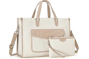 Missnine Tote Bag Canvas Laptop Bag for Women 15.6 inch Casual Work Bags with Clutch Purse Computer Shoulder Bag 2 PCS Set (Croc-embossed Light Khaki)