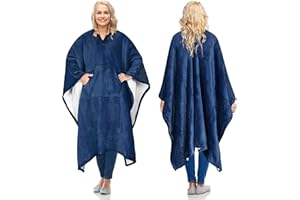 Catalonia Sherpa Wearable Blanket Poncho for Adult Women Men, Wrap Blanket Cape with Pocket, Warm, Soft, Cozy, Snuggly, Comfort Gift, No Sleeves, Navy