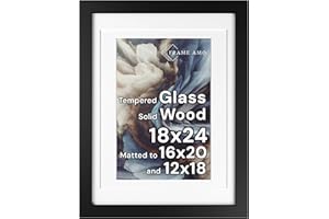 Frame Amo 18x24 Black Solid Wood Poster Frame, White Multi Mat for 16x20 and 12x18 Image, Tempered Glass Front, 1.5 inch Wide, 1 inch Thick, High-End, Heavy-Duty, Gallery Grade & Acid-Free