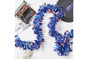 OHIYOO 50 Feet 4th of July Tinsel Garland Red White Blue Patriotic Star Garland Twisted Hanging Streamer for 4th of July Party Decoration Independence Day Memorial Celebration (Style B)