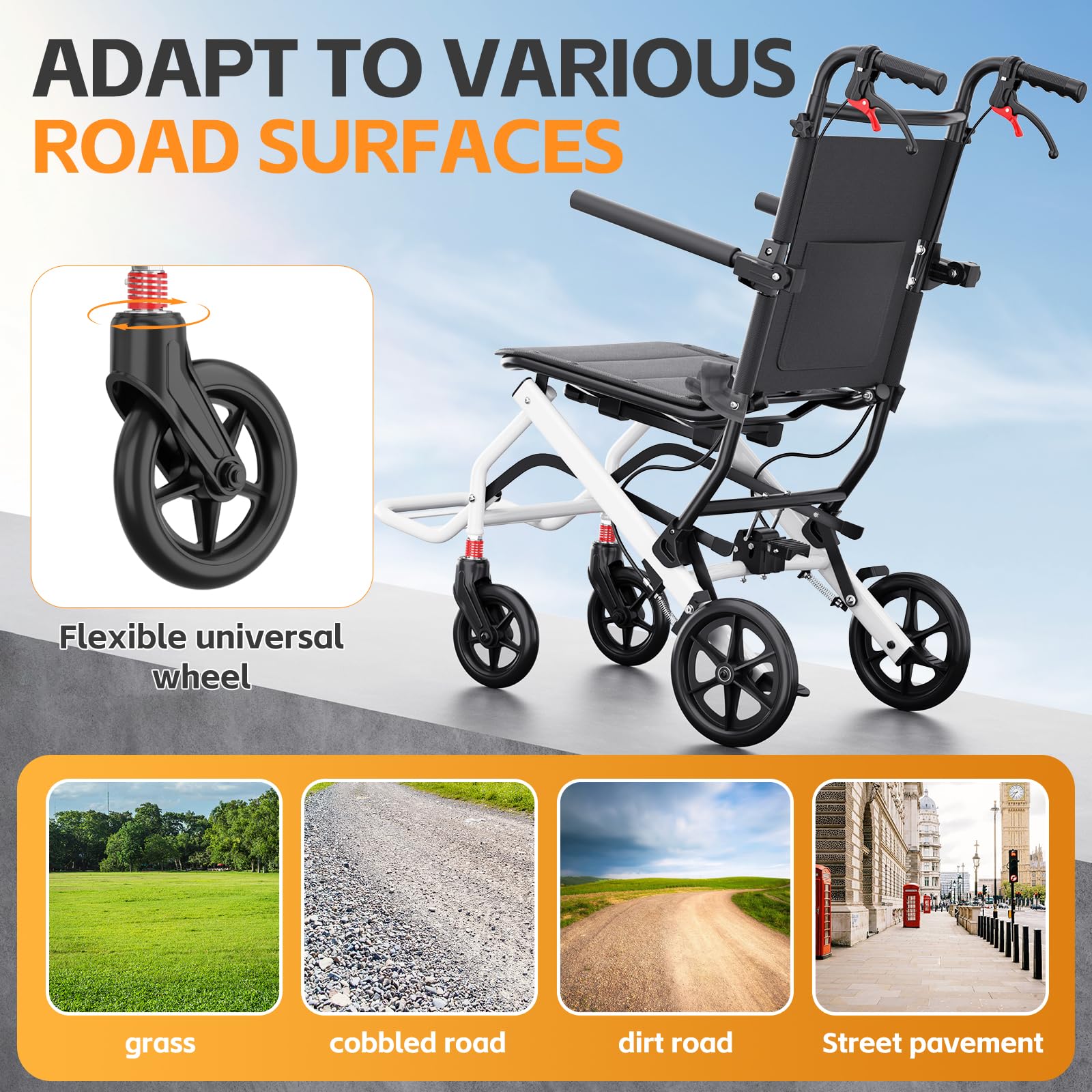 UU-ZHANG Super Lightweight Transport Wheelchair. Easy to Travel, Locking Hand Brakes, User-Friendly, Folding, Portable. for Adults or Child (up to 220lbs) …