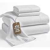 LANE LINEN King Sheet Set – 450 Thread Count Long-Staple 100% Cotton King Size Sheet Set, Sustainably Oeko-Tex Certified, Soft Silky Sateen Finish, 15" Deep Pocket Fitted Sheet – Ticking Stripe