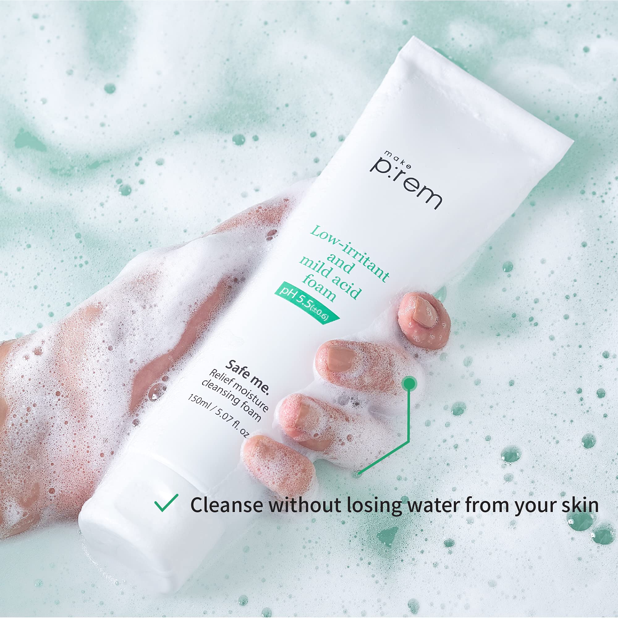 MAKEPREM Safe Me Relief Moisture Cleansing Foam, 5 Oz - Hydrating, Gentle, Non-Stripping, pH 5.5, Sub-Acidic, Age-Defying, Chemical-Free