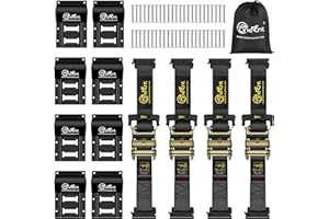 TOBUMO Onesnt 4Pcs E-Track Ratchet Straps with Wheel Chock Kit|2” x10 ft e Track Ratchet tie Down Straps for 4800 lbs Break Strength Heavy Duty etrack Cargo Strap System Tie Down|E Track Spring Fitting