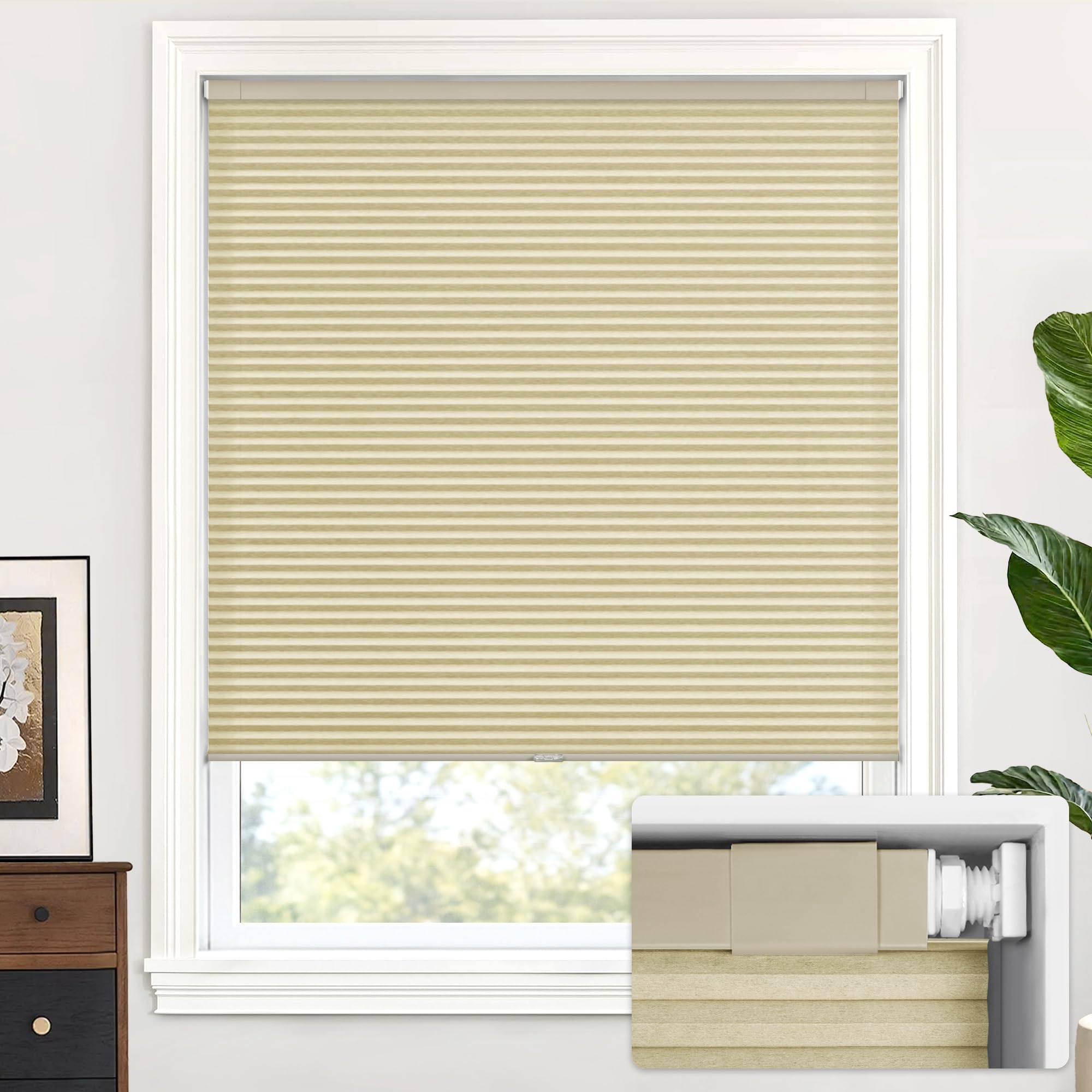 Photo 1 of **SOME EDGES CREASED**LazBlinds Cordless Cellular Shades, No Tools No Drill Light Filtering Honeycomb Shades Pleated Blinds for Windows, 20'' W x 64'' H, Mocha