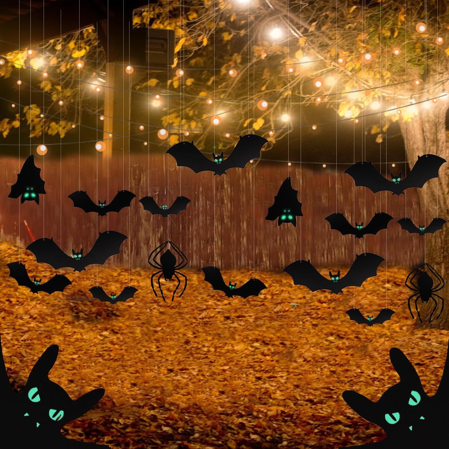 Outdoor Holiday Decorations - 16Pcs Hanging Bats Halloween Decorations Outdoor, Large Flying Plastic Halloween Bats Outdoor Decor with Glowing Eyes 4 Sizes Large Bats, Spiders Hanging Bats for Tree, Porch, Yard, Lawn, Indoor