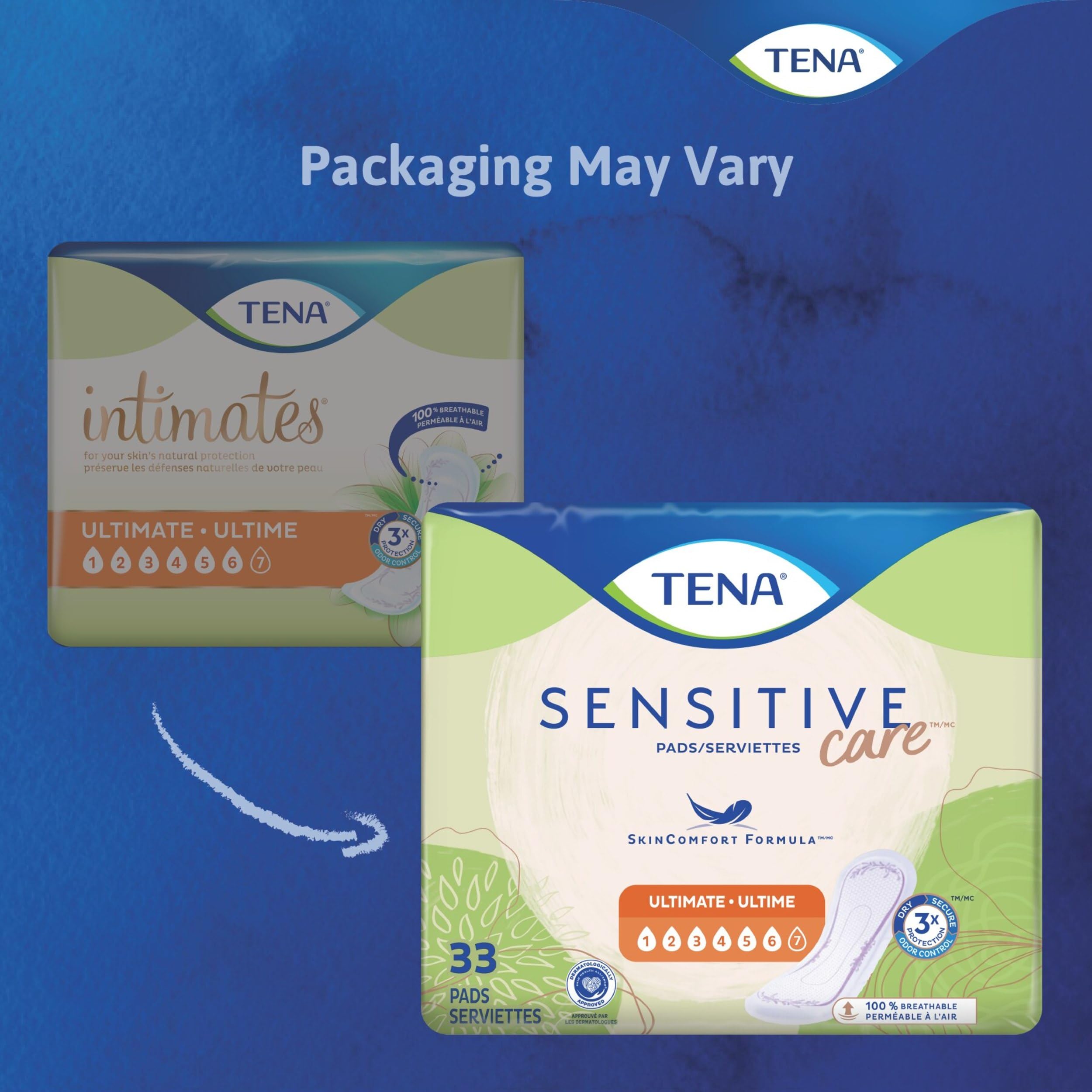 TENA Incontinence Pads, Bladder Control & Postpartum for Women, Ultimate Absorbency, Extra Coverage, Long, Sensitive Care, 99 Count