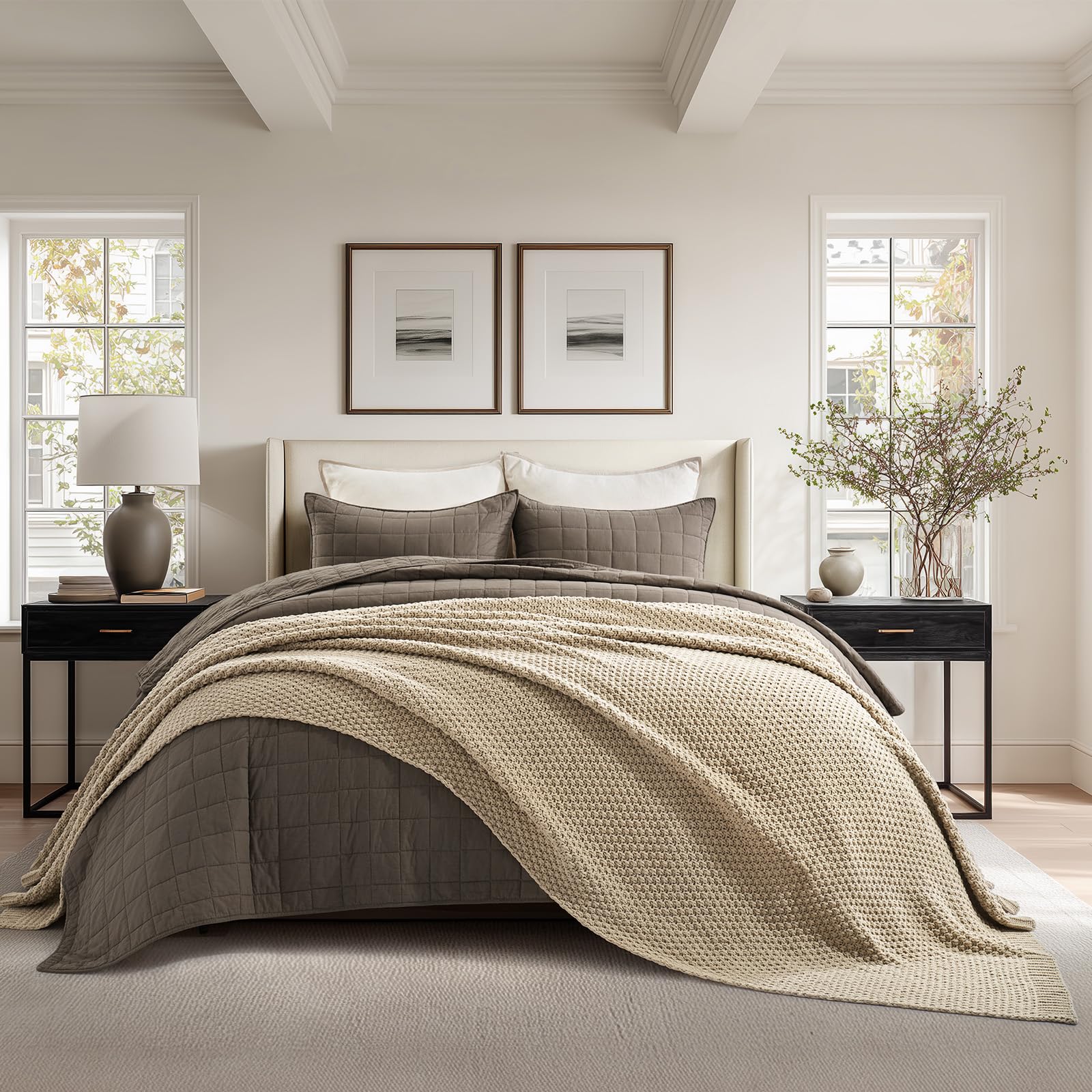 Photo 1 of ***FACTORY SEALED***EVERGRACEHOME Chunky Chenille Knit Throw Blanket for Couch, Soft Luxurious Oversized King Moss Stitch Blanket for Bed, Large Cozy Farmhouse Knitted Throw for Sofa, Sand Dune, 92" x 108"