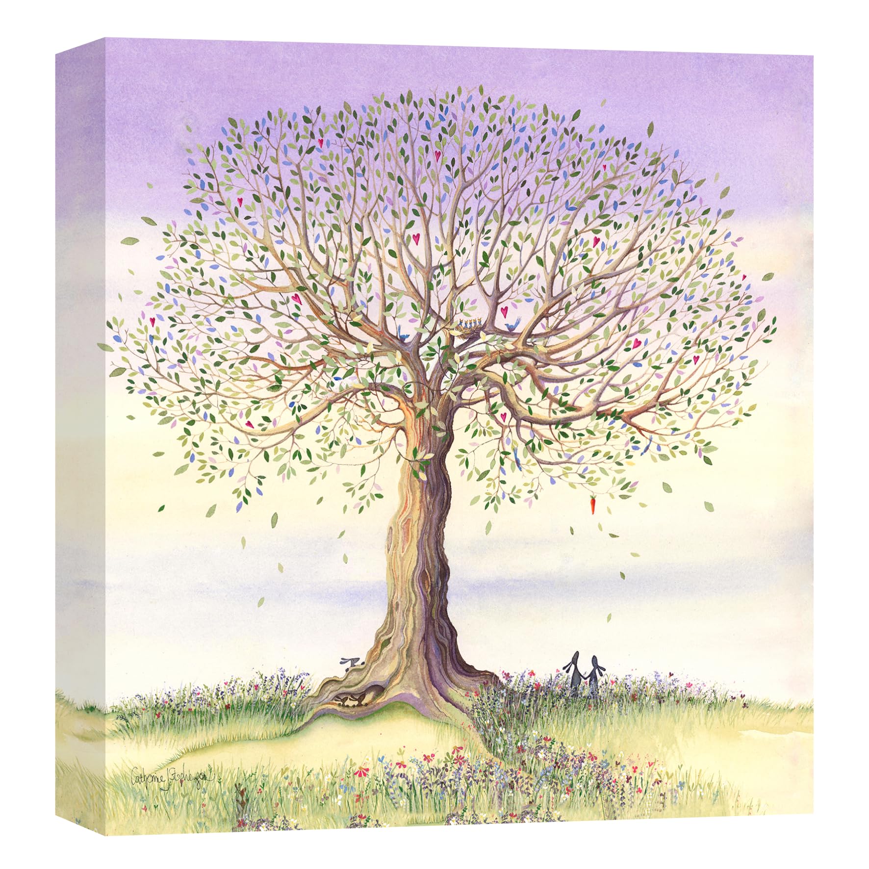 Artko Tree, Bunny Rabbits & Love Hearts Canvas Wall Art - 'Last Carrot to Fall' by Catherine Stephenson - Lovely Animal Home Decor - Ready to Hang Painting - 30cm x 30cm