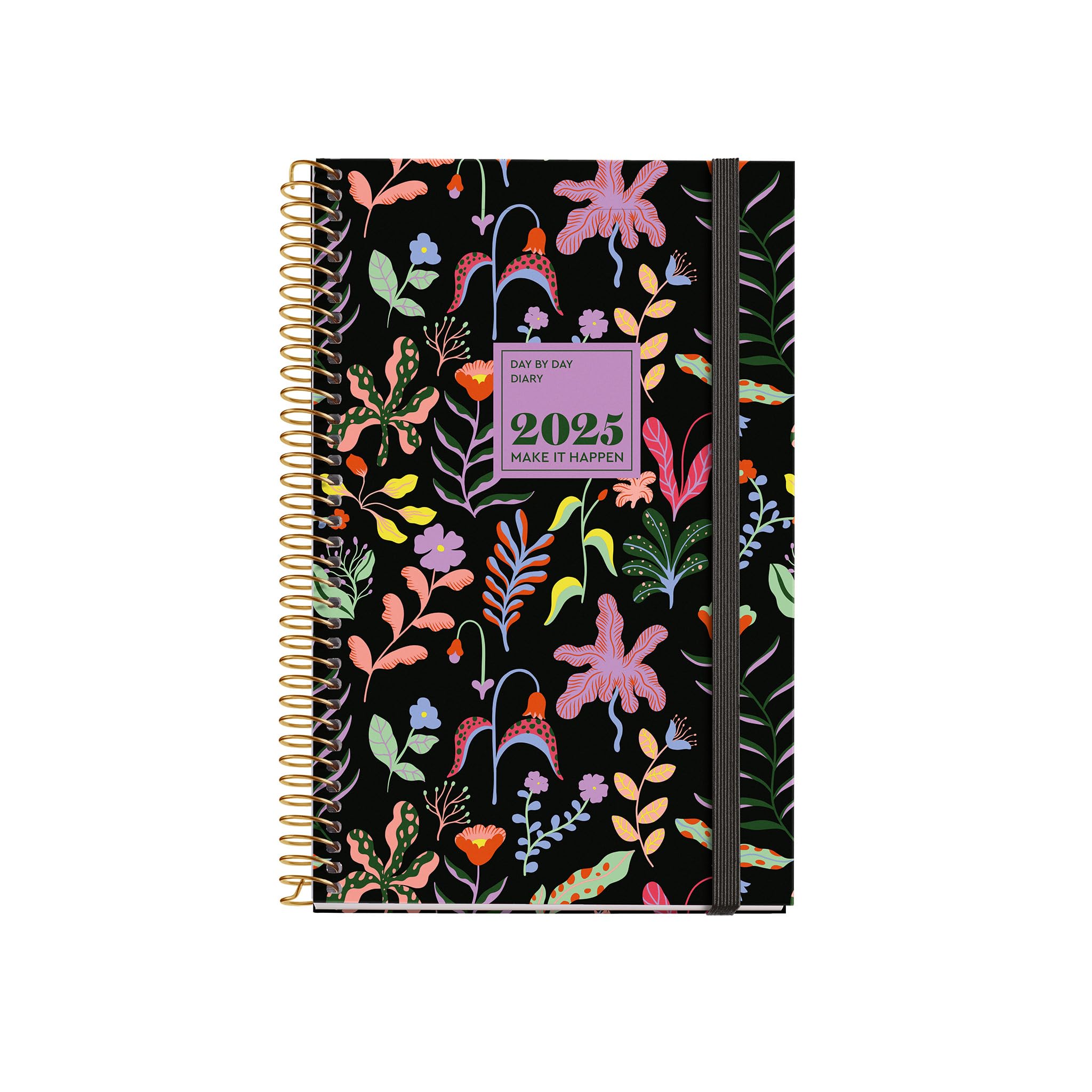 Miquelrius - 2025 Diary, Yearly Agenda 117 x 182 mm, Day Page Agenda, Laminated Cardboard Cover, Spiral, Elastic Closure, Paper 80 g/m², Catalan, English and Portuguese, Fantasy Garden