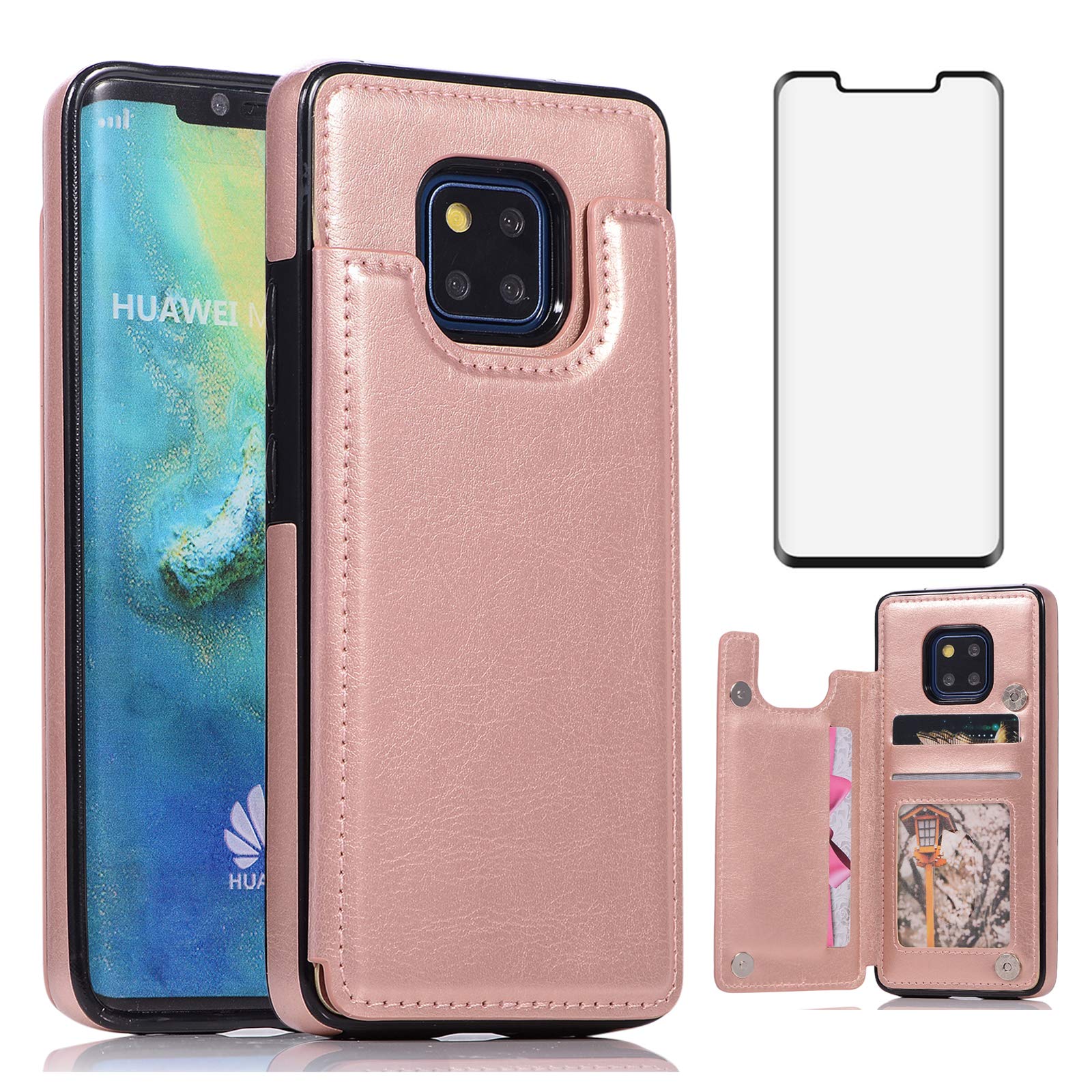 Asuwish Compatible with Huawei Mate 20 Pro Wallet Case Tempered Glass Screen Protector Card Holder Cover Stand Leather Cell Accessories Phone Cases for Hawaii Mate20Pro Mate20 20Pro Women Rose Gold