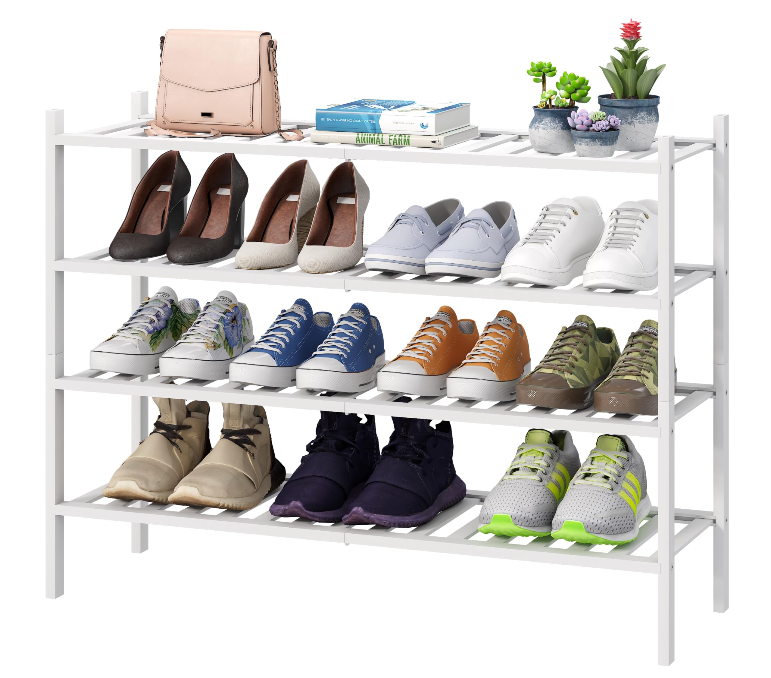viewcare White 4-Tier Long Shoe Rack, Bamboo Wood, 33-Inch Image