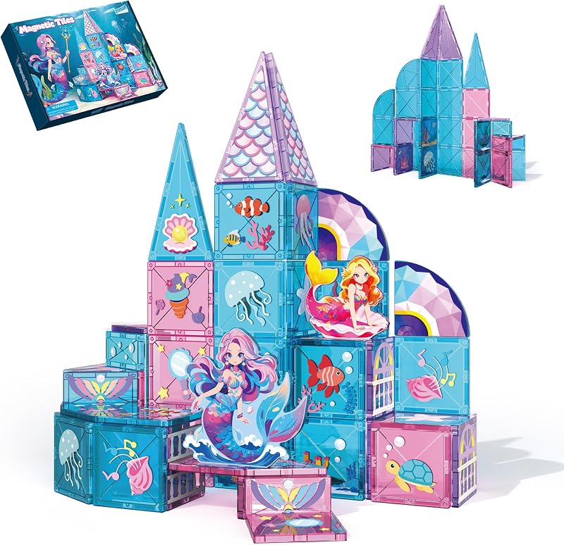 Set di Piastrelle Magnetiche Sirena, 51 PEZZI Giocattolo da Costruzione Magnetico per Ragazzi e Ragazze Regalo Età 3 4 5 6 7 Anni, Blocchi Magnetici Educativi STEM per Costruzioni Creative a Fine Apri
