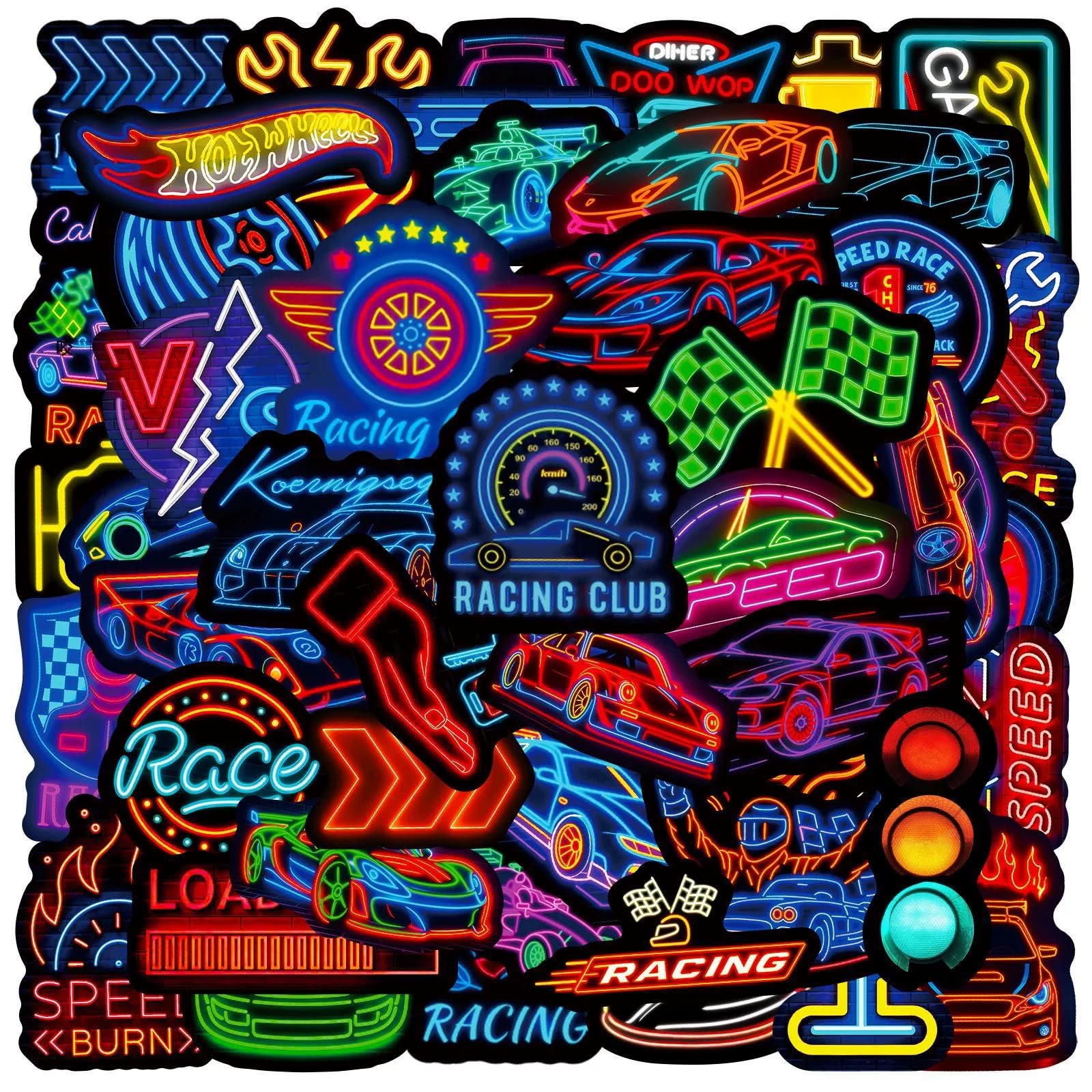 Racing Car Stickers for Laptop(50 PCS),Gift for Children Teens Adults Girl Boys,Neon Waterproof Stickers for Skateboard,Scrapbook,Bike,Phone,Computer,Luggage Water Bottle Guitar