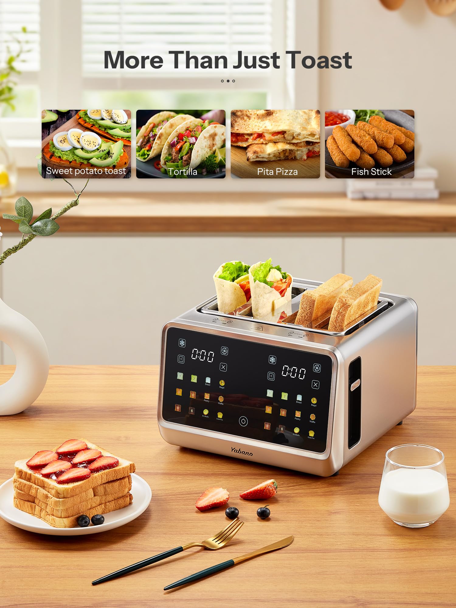 Tostadora Yabano de 4 rebanadas con control táctil inteligente, 6 niveles de sombra y 6 configuraciones de pan, ranura extra ancha para bagels/muffins ingleses, diseño compacto con bandeja recogemigas extraíble