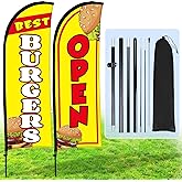Buryeah 2 Sets Burgers Open Feather Flag for Business Advertising 8 ft Feather Flag Sign with Flagpole Ground Stake Portable Bag Burgers Banner for Outside(Yellow)