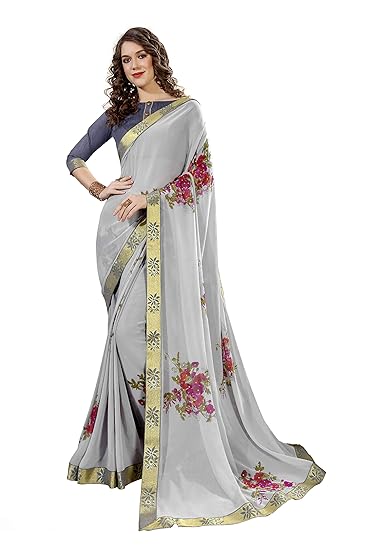 Womens Georgette Floral Printed Saree With Blouse(angelena-grey,Grey)