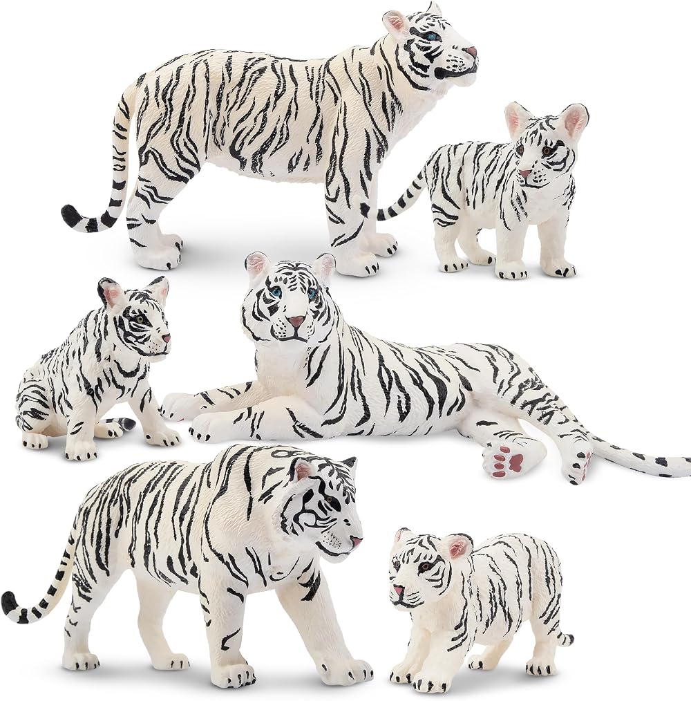 toymany 6PCS White Tigers Figurines Set with Cubs Educational Toys