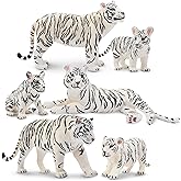 TOYMANY 6PCS Realistic White Tigers Figurines with Tiger Cubs, Jungle Animals Figures Family Set Includes Baby Tigers, Educat