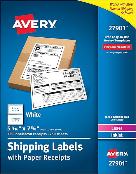 Avery White Shipping Labels With Paper Receipts 5 1 16 X 7 5 8 250 Pack 27901