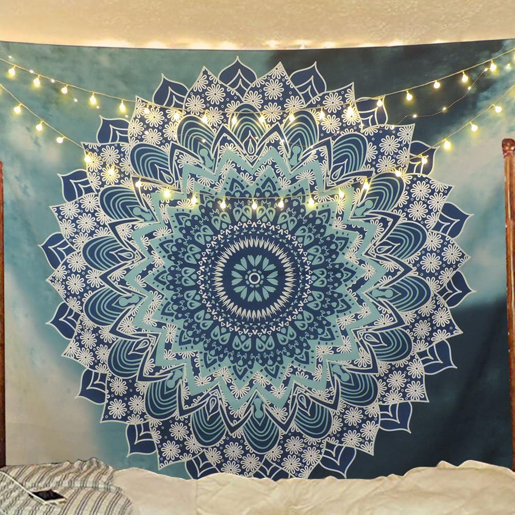 Sunm BoutiqueSunm Boutique Tapestry Wall Hanging Indian Mandala Tapestry Bohemian Tapestry Hippie Tapestry Psychedelic Tapestry Wall Decor Dorm Decor (White and Blue, 70.9 × 92.5 Inches)