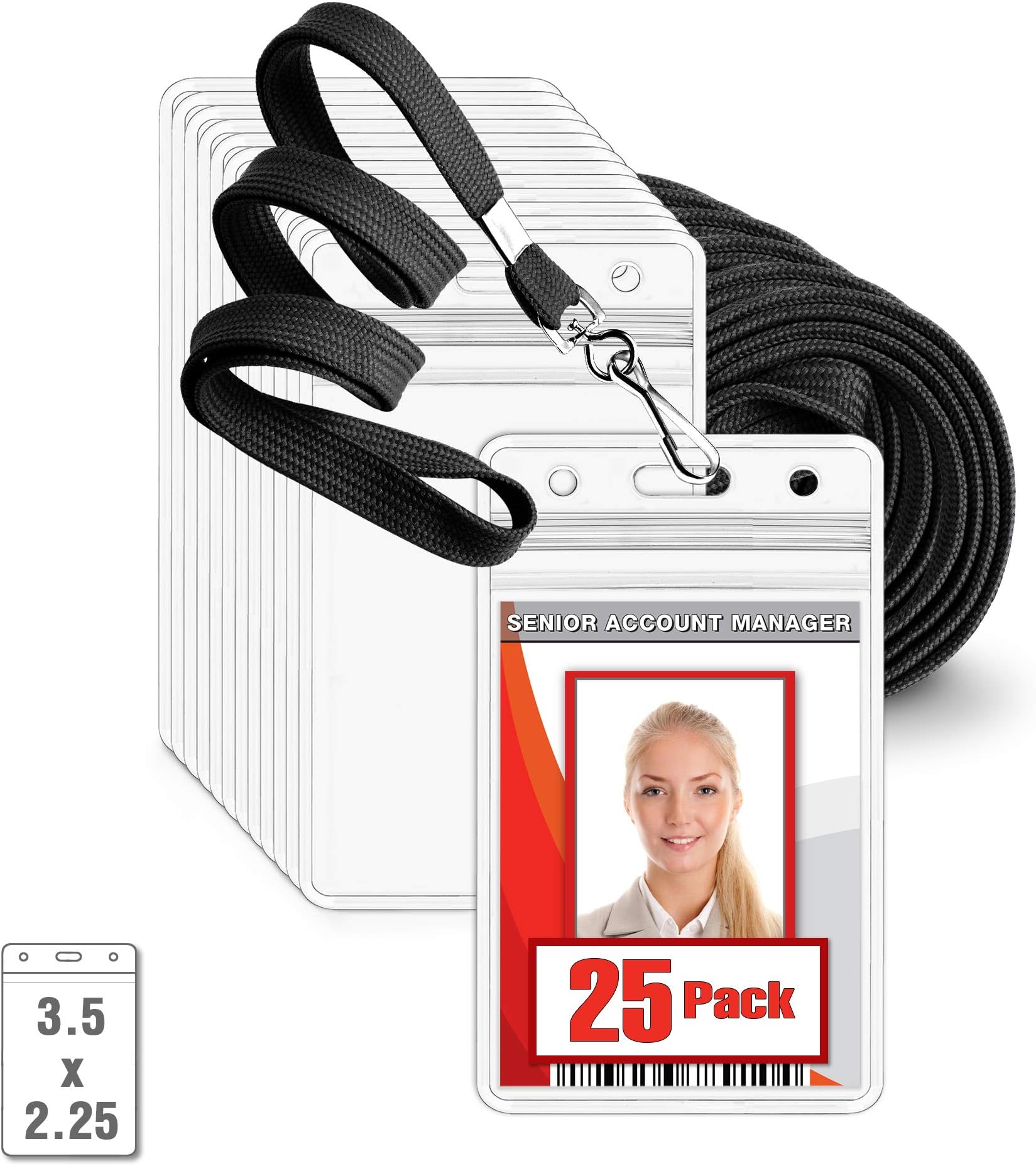MIFFLIN Flat Lanyard with Vertical ID Name Badge Holder Set (Black Lanyard, Clear 3.5x2.25 Inch Tag Holder, 25 Pack)