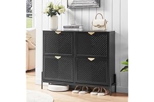 HUSHEDIFY Shoe Cabinet Storage with 4 Flip Drawers, Narrow Hidden Shoes Organizer Cabinet for Entryway, Freestanding Slim Shoe Rack Front Door Entrance(Black)