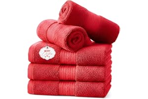 Ample Decor Washcloths Pack of 5 12 X 12 Inch 100% Cotton 600 GSM, Soft Absorbent and Reusable Fingertip Towels, Ideal for Bathroom and Powder Room - Christmas Red