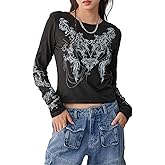Cjfdfy Women's Goth Emo Shirt Y2k Long Sleeve Crop Top with Thumb Hole Slim Fit Gothic Clothes Outfits 2000s 90s Fashion