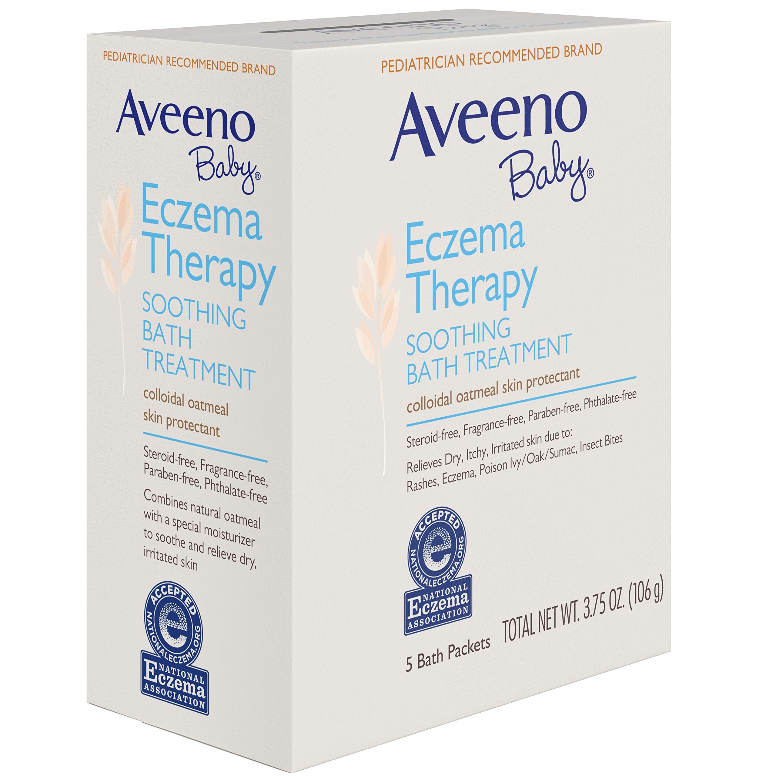 Aveeno Baby Eczema Therapy Soothing Bath Treatment for Relief of Dry, Itchy & Irritated Skin, Made with Natural Colloidal Oatmeal, Fragrance-, Paraben-, Steroid- & Tear-Free, 5 ct