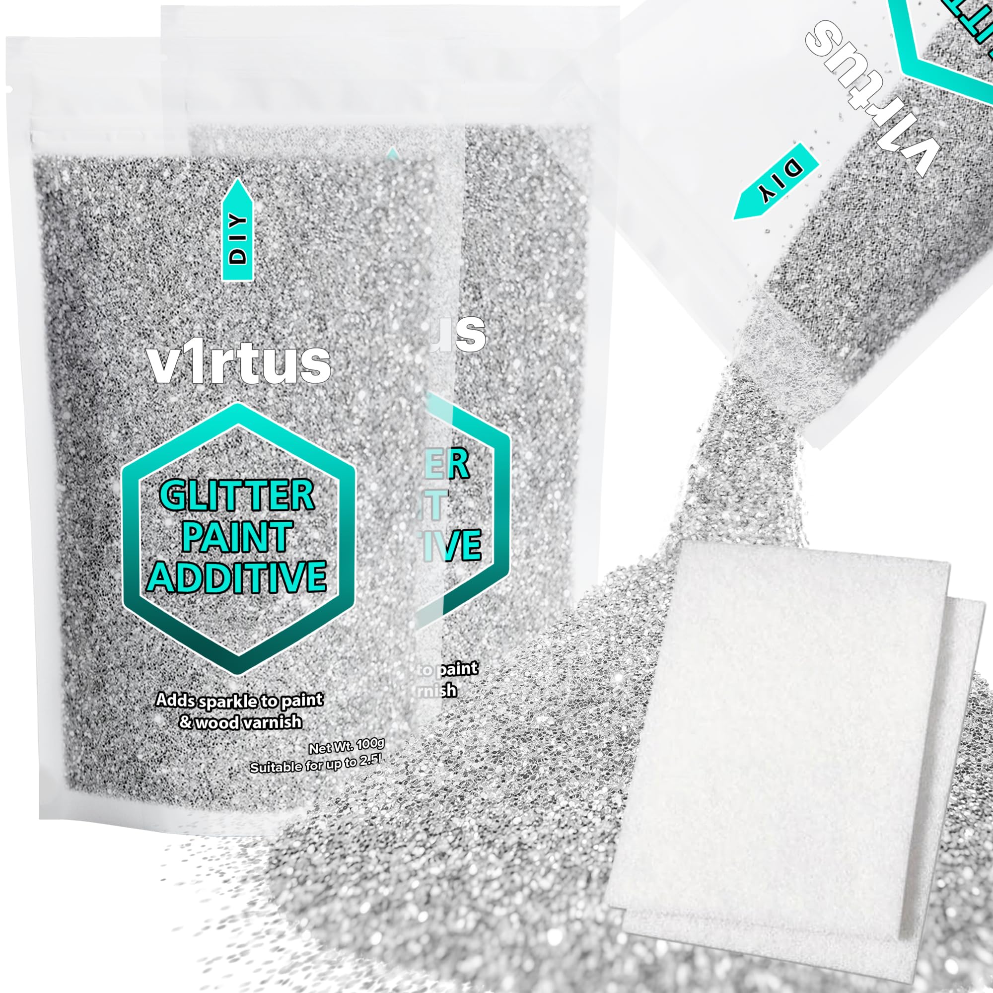 Silver Glitter Paint Additive 200g with 2X Buffing Pads | Additive for Glitter Paint Walls, Add to Interior & Exterior Paint, Emulsion, Varnish | v1rtus