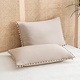 Taupe Pom Poms Pillowcases King, Khaki Tan Pillowcases Set of 2, 100% Soft Washed Microfiber, Taupe Ball Fringe Pillow Cover Set, 2 Pack