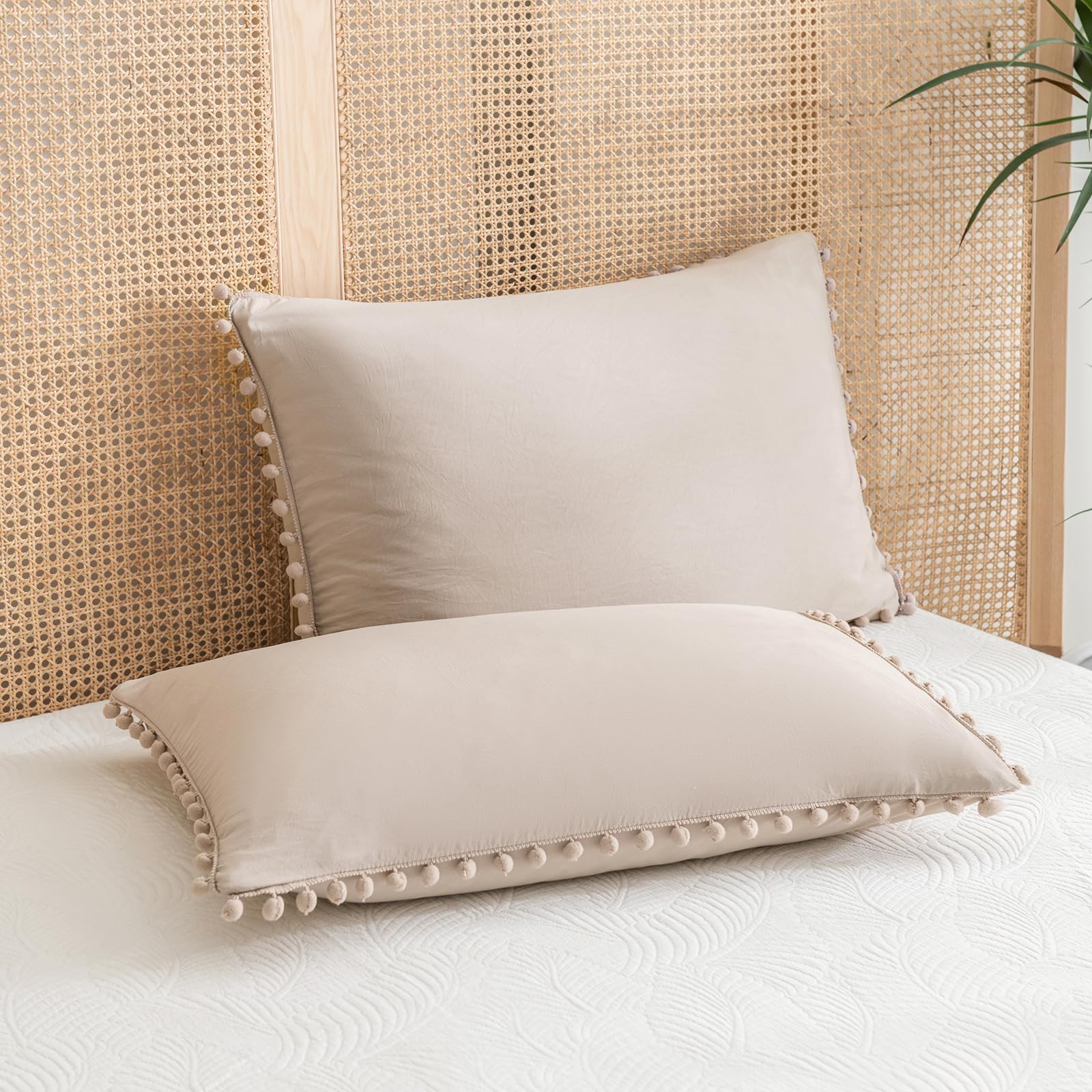 Photo 1 of Taupe Pom Poms Pillowcases King, Khaki Tan Pillowcases Set of 2, 100% Soft Washed Microfiber, Taupe Ball Fringe Pillow Cover Set, 2 Pack