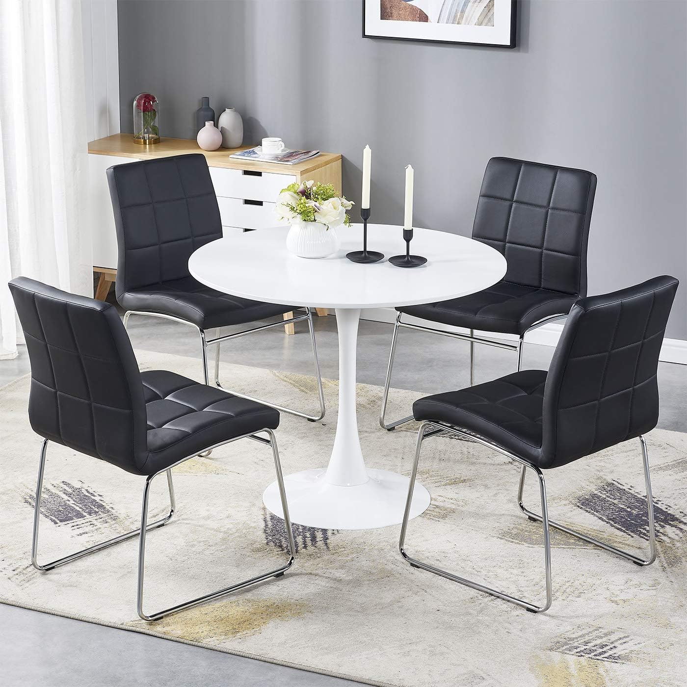 GIZZA 90 Diameter Round Wooden Top Metal White Table and 4 Black Dining Chairs Sled Base Small Living Kitchen Office Room