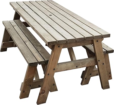 Victoria Compact Wooden Picnic Table And Benches Set Space Saving Outdoor Garden Furniture With Benches Sliding Under The Table Light Green Natural Or Rustic Brown 7ft Rustic Brown Amazon Co Uk Garden