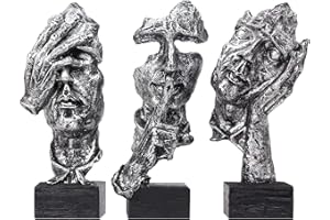 aboxoo 3 Pcs Thinker Statue, Silence is Gold Abstract Art Figurine, No Hear No See No Speak Modern Home Resin Sculptures Decorative Objects Modern Decor for Creative Room Home, Office Study (Sliver)