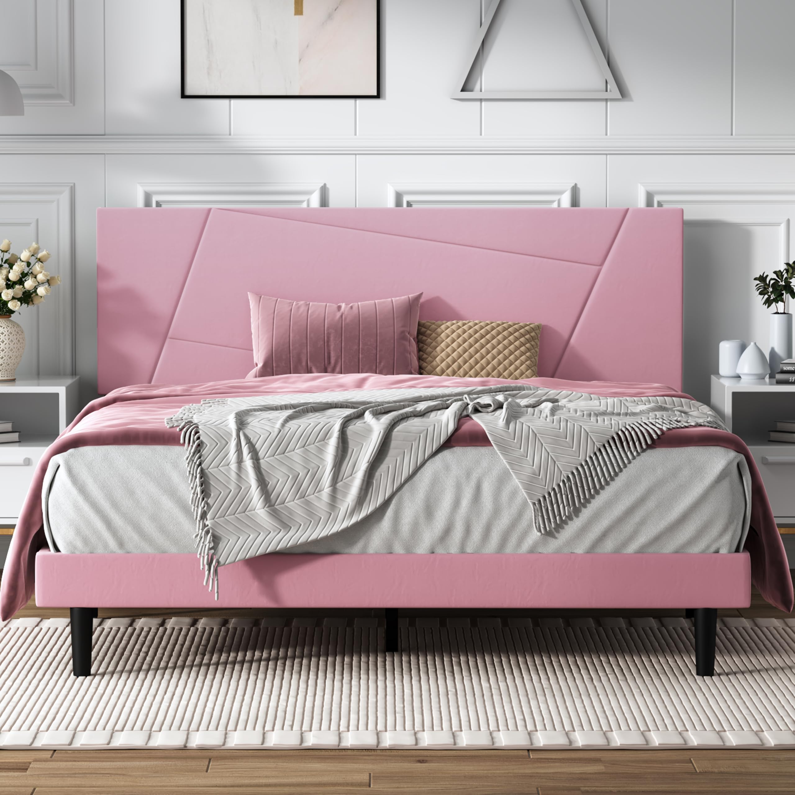 Photo 1 of *****FACTORY SEALED*******
IOILORI Queen Size Bed Frame,Platform Bed Frame with Velvet Upholstered Headboard, Geometric, Sturdy Frame and Wooden Slats, Noiseless, No Box Spring Required, Easy to Assemble (Pink-New, Queen)