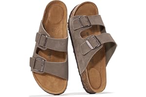 Project Cloud Genuine Leather Mens Sandals with Memory Foam Natural Cork Footbed Slides for Men Footwear - Non-Slip Double-Strap Buckle Summer Sandals (Arizona)